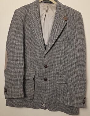Harris Tweed Men's Gray Houndstooth Wool Blazer Jacket Leather Elbow Patches 46R